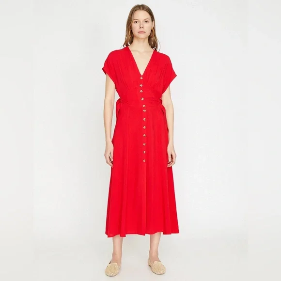 Red Button-Front Midi Dress - Picture 2 of 9